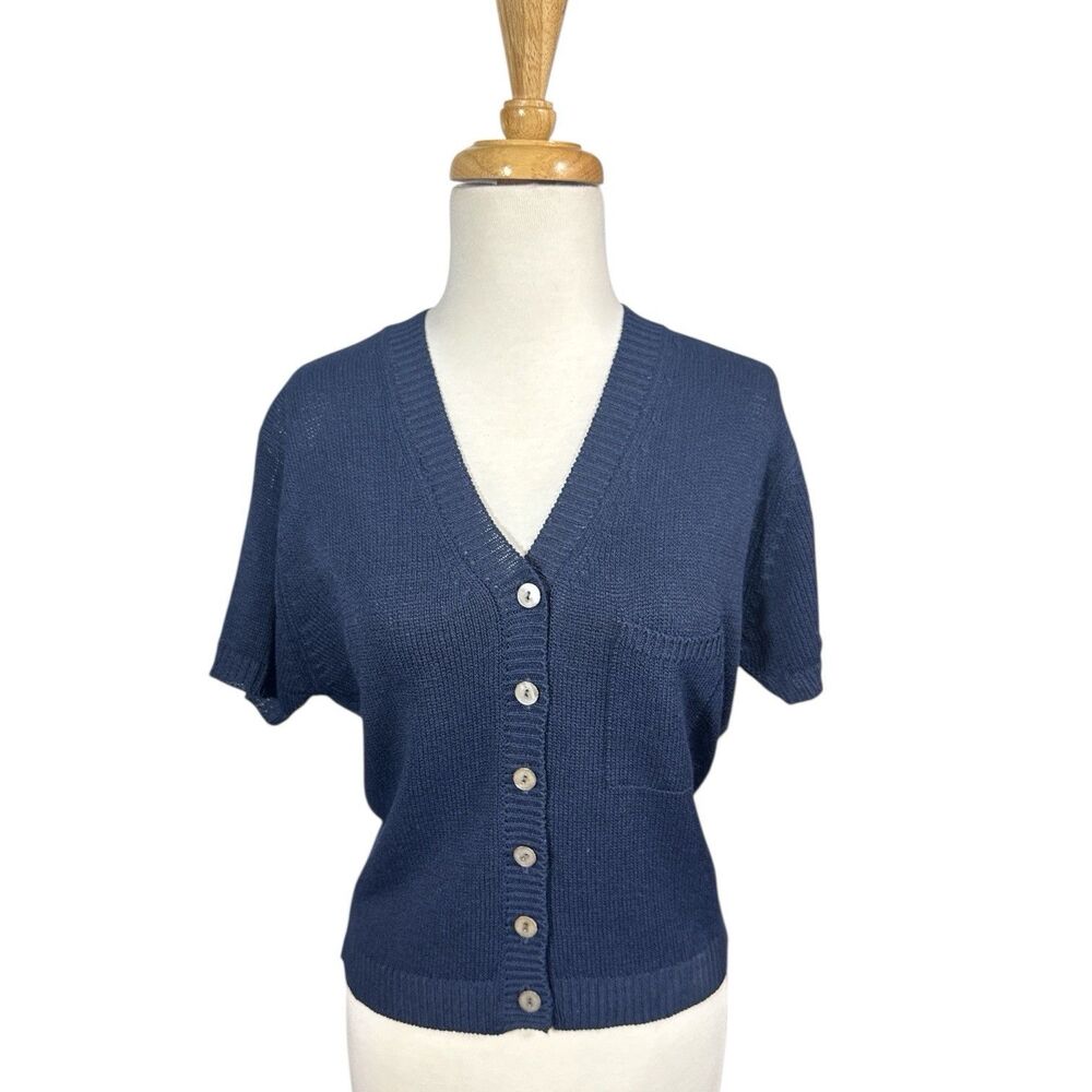 Harold Powell Navy Blue Short Sleeve V-Neck Knit Cardigan Chest Pocket Sz S